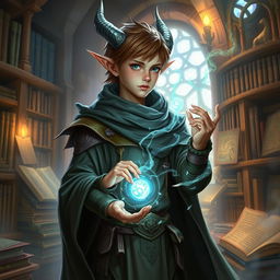 A young dragonborn, scholarly and wise, standing in a mystical library filled with ancient tomes and magical artifacts