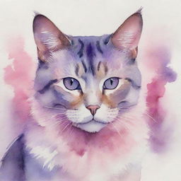 Artistic watercolor painting of a cat immersed in beautiful shades of pink and purple.