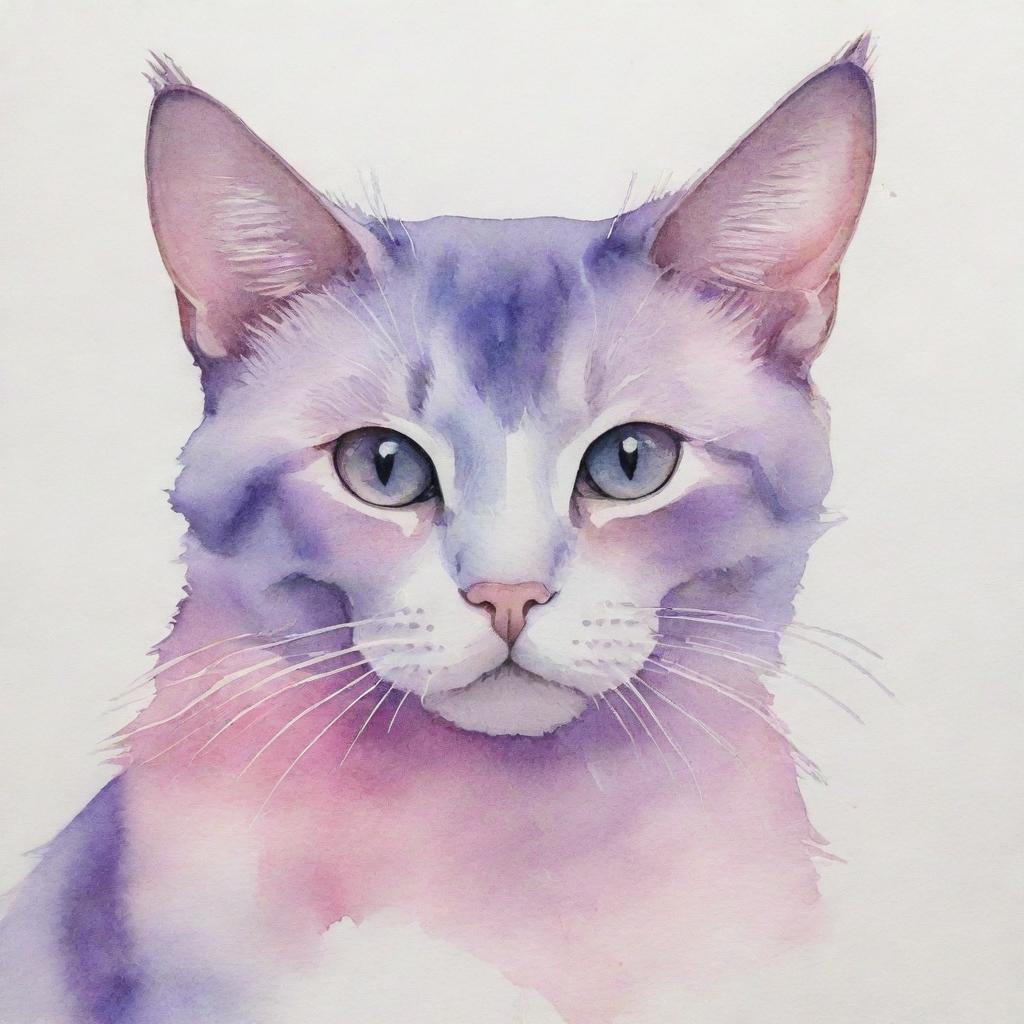 Aesthetic watercolor painting of a cat composed in soothing hues of pink and purple.