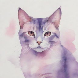 Aesthetic watercolor painting of a cat composed in soothing hues of pink and purple.