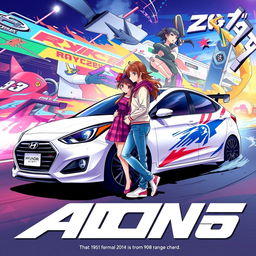 A vibrant racing-themed anime poster featuring two lovers standing next to a white Hyundai Accent model car