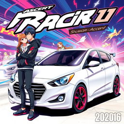 A vibrant racing-themed anime poster featuring two lovers standing next to a white Hyundai Accent model car