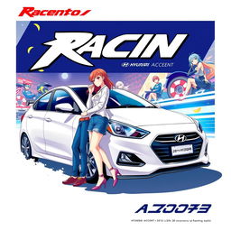 A vibrant racing-themed anime poster featuring two lovers standing next to a white Hyundai Accent model car