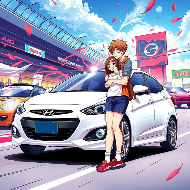 A vibrant racing-themed anime poster featuring two lovers standing next to a white Hyundai Accent model car