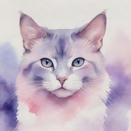 Aesthetic watercolor painting of a cat composed in soothing hues of pink and purple.