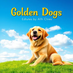 Create a book cover featuring a beautiful golden retriever dog sitting on green grass