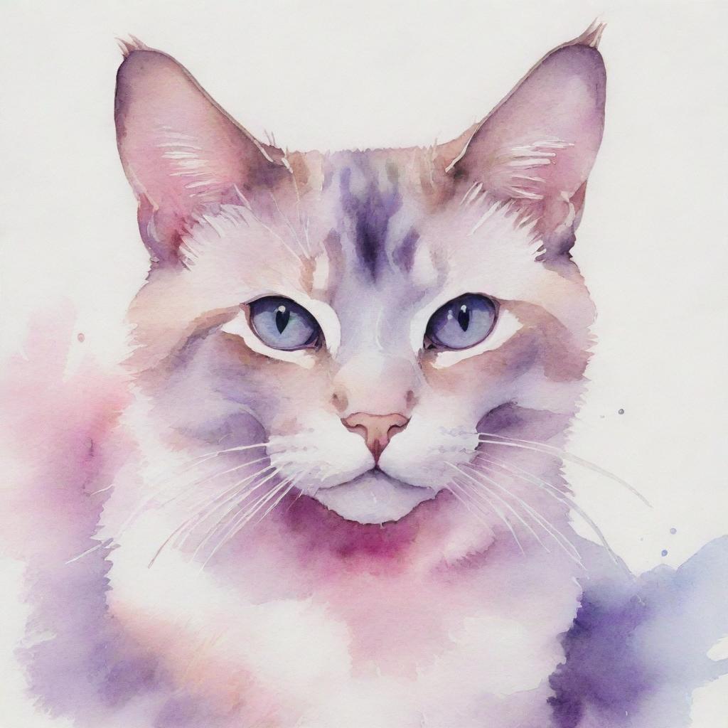 Aesthetic watercolor painting of a cat composed in soothing hues of pink and purple.