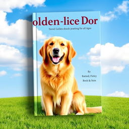 Create a book cover featuring a beautiful golden retriever dog sitting on green grass