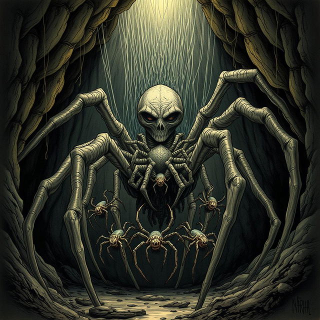 A detailed illustration of a Broodmother, a mythical creature resembling a giant spider with a humanoid upper body