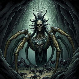 A detailed illustration of a Broodmother, a mythical creature resembling a giant spider with a humanoid upper body