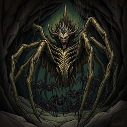 A detailed illustration of a Broodmother, a mythical creature resembling a giant spider with a humanoid upper body