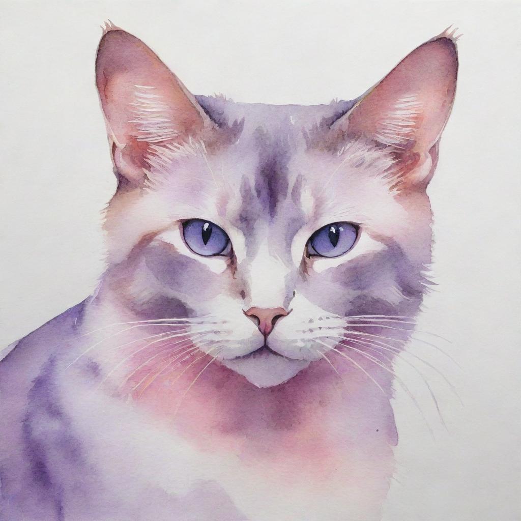 An aesthetic watercolor painting of a cat, painted in soothing hues of pink and purple.