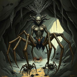 A detailed illustration of a Broodmother, a mythical creature resembling a giant spider with a humanoid upper body