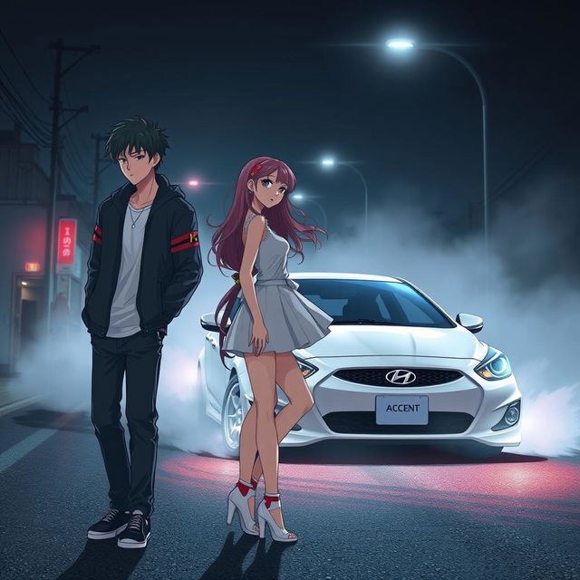 A street racing themed anime poster featuring a couple in the foreground and a white Hyundai Accent in the background