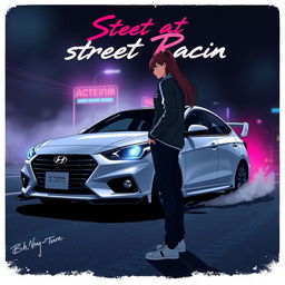 A street racing themed anime poster featuring a couple in the foreground and a white Hyundai Accent in the background