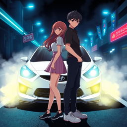 A street racing themed anime poster featuring a couple in the foreground and a white Hyundai Accent in the background