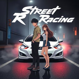 A street racing themed anime poster featuring a couple in the foreground and a white Hyundai Accent in the background