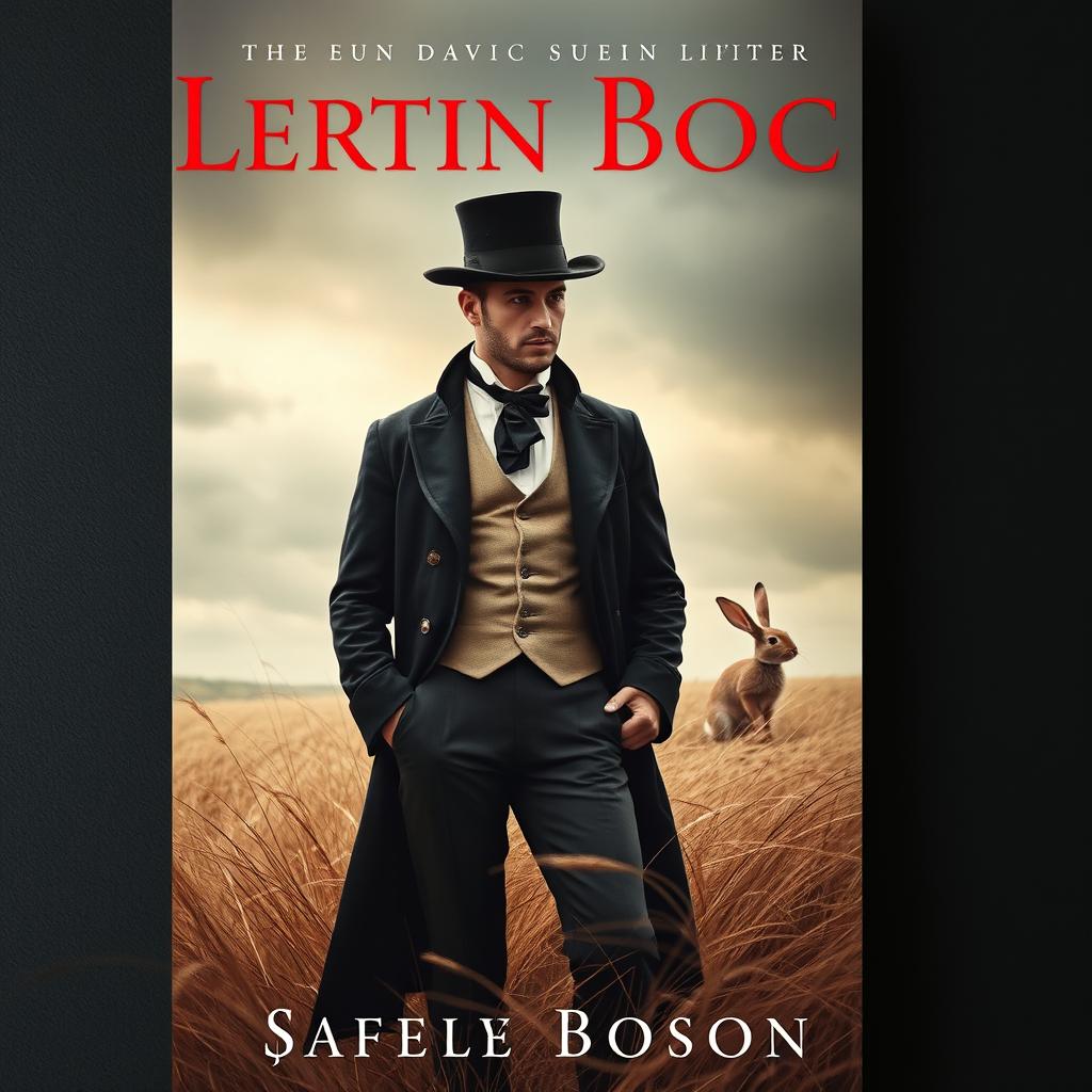 An erotic book cover featuring a Victorian gentleman standing in a windy field