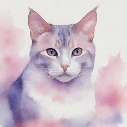 An aesthetic watercolor painting of a cat, painted in soothing hues of pink and purple.