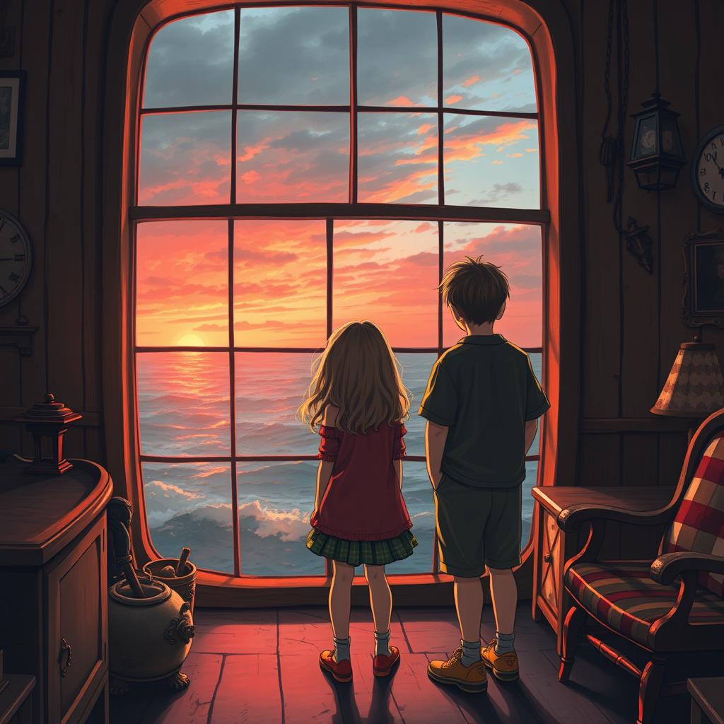 A girl and a boy standing inside a lighthouse, looking out through a large window