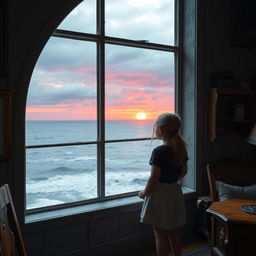 A girl and a boy standing inside a lighthouse, looking out through a large window