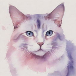 An aesthetic watercolor painting of a cat, painted in soothing hues of pink and purple.