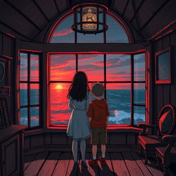 A girl and a boy standing inside a lighthouse, looking out through a large window