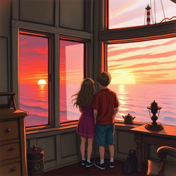 A girl and a boy standing inside a lighthouse, looking out through a large window