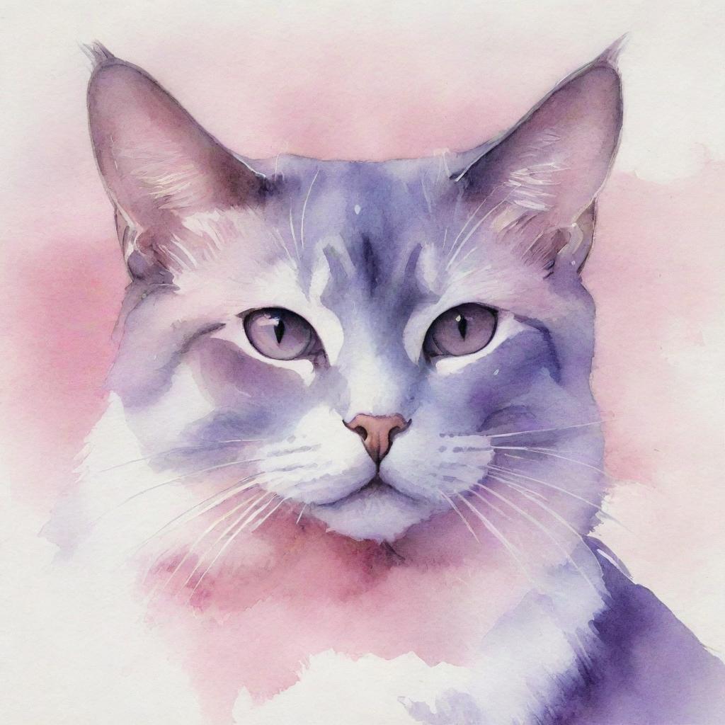 An aesthetic watercolor painting of a cat, painted in soothing hues of pink and purple.