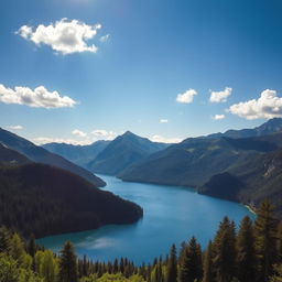 A beautiful landscape featuring a serene lake surrounded by lush green forests and majestic mountains in the background