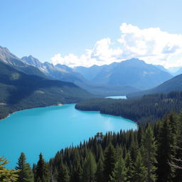 A beautiful landscape featuring a serene lake surrounded by lush green forests and majestic mountains in the background