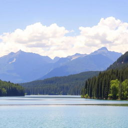 A beautiful landscape featuring a serene lake surrounded by lush green forests and majestic mountains in the background