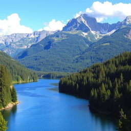 A beautiful landscape featuring a serene lake surrounded by lush green forests and majestic mountains in the background