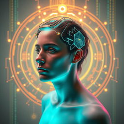 Create an image that blends elements of sci-fi, futurism, and psychology, exploring the duality of human nature