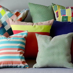 Various creative and stylish designs for sofa pillows, showcasing different patterns, fabrics and color palettes.