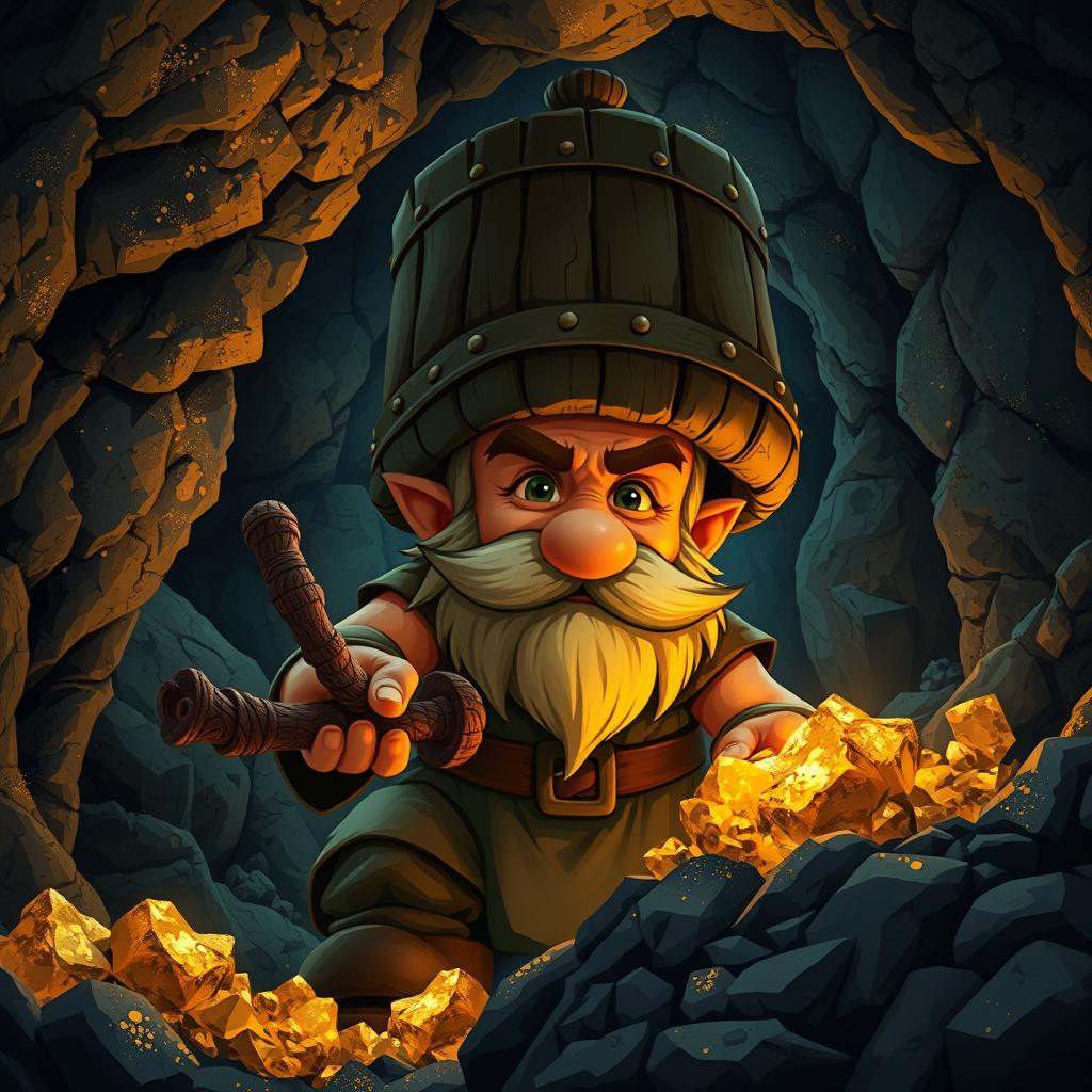 A dwarf wearing a wooden bucket as a helmet while mining gold ore in a dimly lit cave