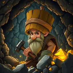 A dwarf wearing a wooden bucket as a helmet while mining gold ore in a dimly lit cave