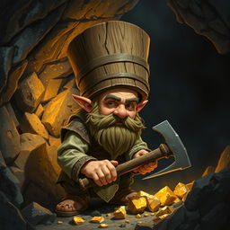 A dwarf wearing a wooden bucket as a helmet while mining gold ore in a dimly lit cave