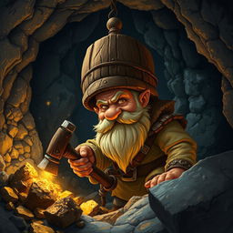 A dwarf wearing a wooden bucket as a helmet while mining gold ore in a dimly lit cave