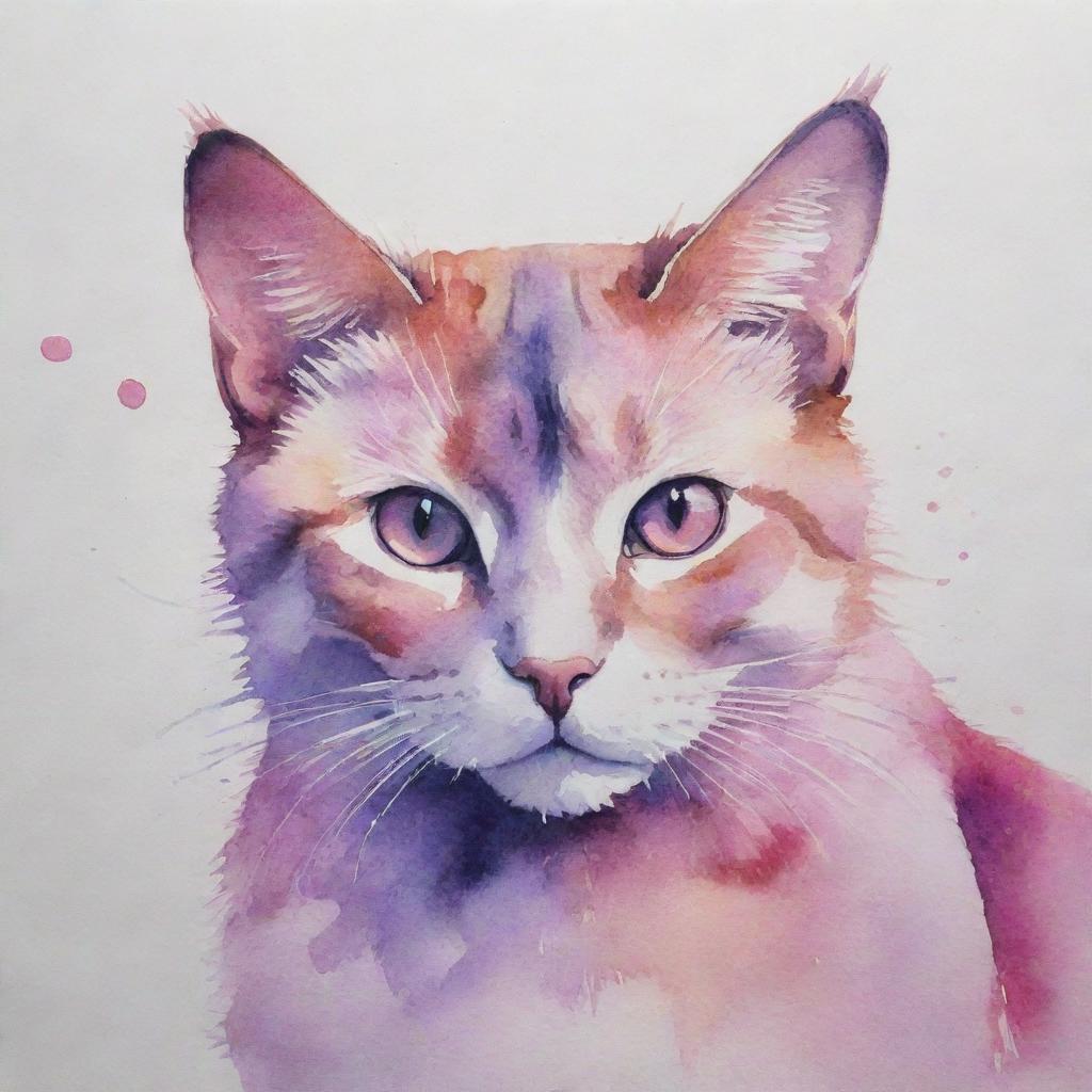 A vibrant watercolor painting of a cat, depicted in stunning shades of pink and purple.