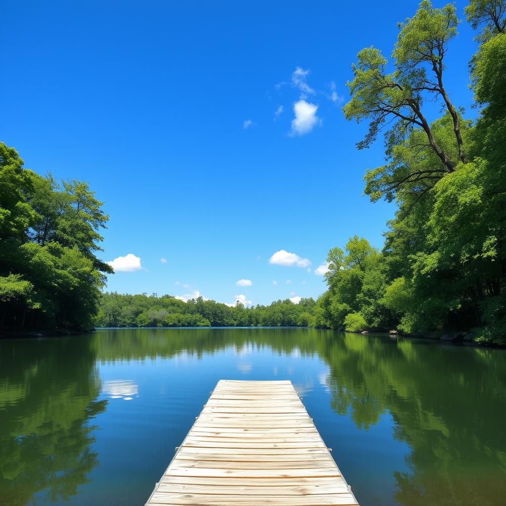 A beautiful landscape featuring a serene lake surrounded by lush green trees, with a clear blue sky and a few fluffy white clouds