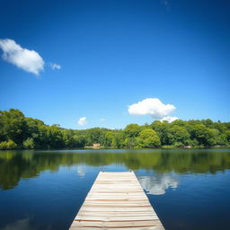 A beautiful landscape featuring a serene lake surrounded by lush green trees, with a clear blue sky and a few fluffy white clouds