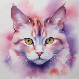 A vibrant watercolor painting of a cat, depicted in stunning shades of pink and purple.