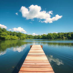 A beautiful landscape featuring a serene lake surrounded by lush green trees, with a clear blue sky and a few fluffy white clouds