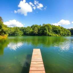 A beautiful landscape featuring a serene lake surrounded by lush green trees, with a clear blue sky and a few fluffy white clouds