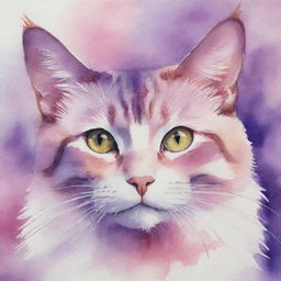 A vibrant watercolor painting of a cat, depicted in stunning shades of pink and purple.