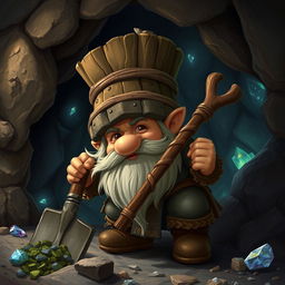 A fantasy scene depicting a dwarf mining with a shovel