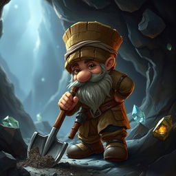 A fantasy scene depicting a dwarf mining with a shovel