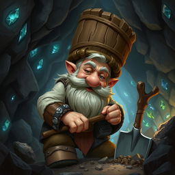 A fantasy scene depicting a dwarf mining with a shovel