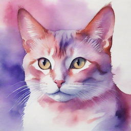 A vibrant watercolor painting of a cat, depicted in stunning shades of pink and purple.